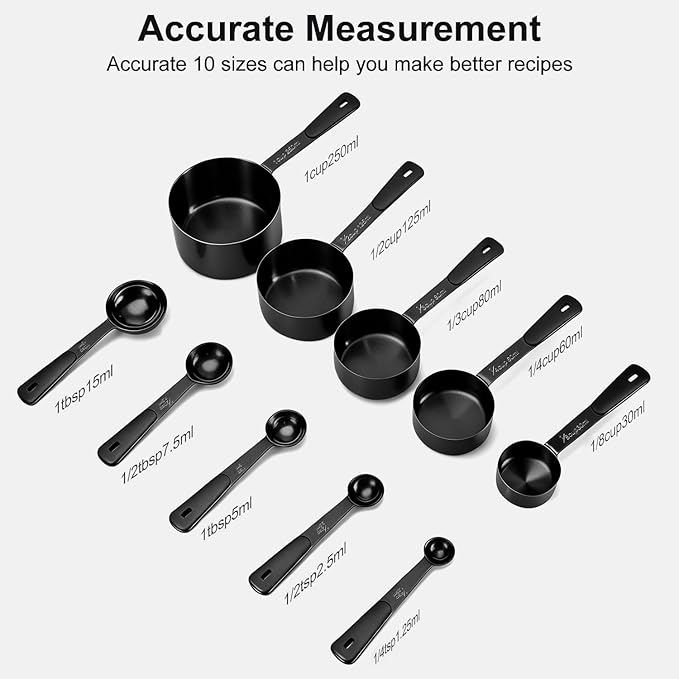 Measuring Cups and Spoons Set, Stainless Steel 10 Piece for Cooking and Baking (5 Cups + 5 Spoons, All Black)