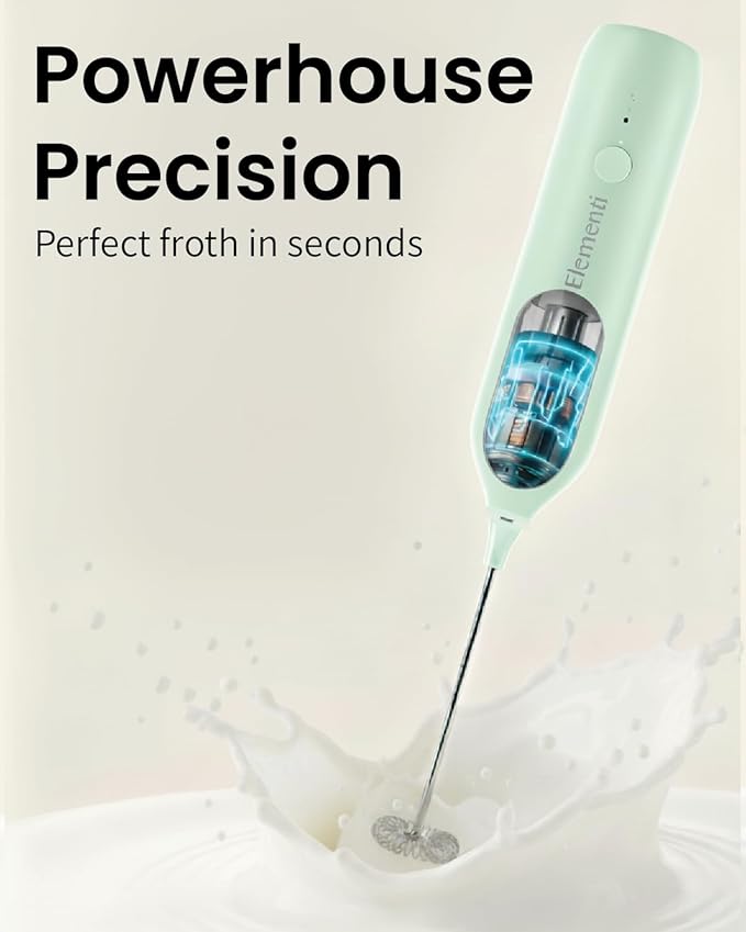 Elementi Rechargeable Milk Frother Wand & Drink Mixer Handheld - Powerful USB-C Rechargeable Frother - Hand Held Milk Foamer Whisk to Make Perfect Cappuccinos, Lattes & Drink Mixes (Mint Green)