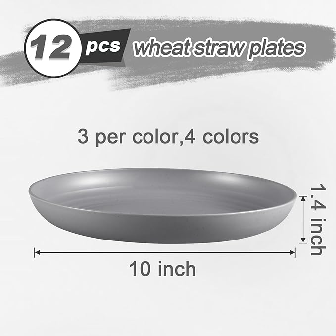 12 Pcs Unbreakable Deep Dinner Plates Set, 10 inch Reusable Plastic Wheat Straw Plates, Microwave and Dishwasher Safe Plate for Kitchen, Lightweight Plate for Dessert, BPA Free, 4 Colors