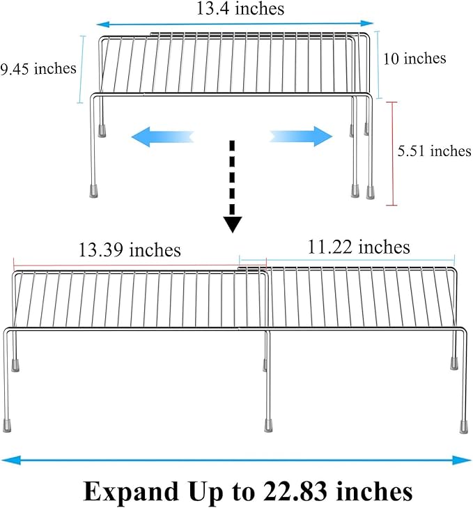 Kitchen Cabinet Expandable Shelf Organizers Set of 6, Adjustable Metal Wire Pantry Storage Shelves, Plate Dish Organizer Rack for Cabinets, Cupboard, Counter, Freezer, Countertop, Chrome