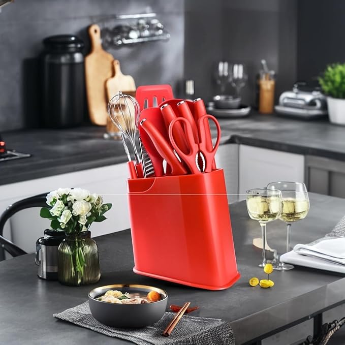 12-Piece Silicone Kitchen Utensil Set with Stainless Steel Knives – Heat-Resistant Spatula, Spoon, Peeler, Non-Scratch Cooking Tools for Baking, Frying & Grilling (Khaki)