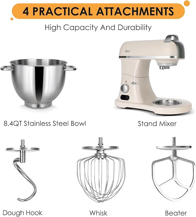 8.4QT Commercial Stand Mixer 800W with NSF Certified and Aluminum Die Casting, Mixers Kitchen Electric Stand Mixer Metal Food Mixer with Stainless Steel 8L Bowl, Dough Hook, Whisk and Beater