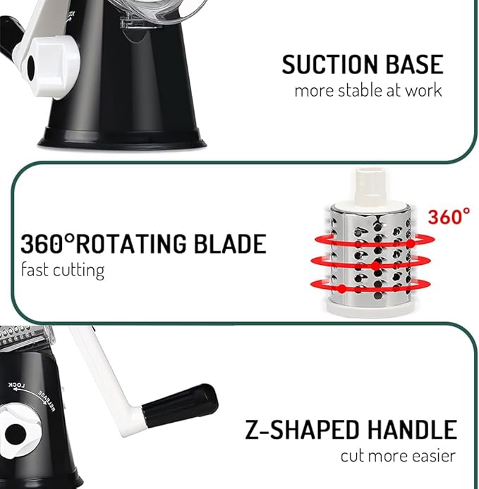Rotary Cheese Grater with Handle Vegetable Shredder Round Kitchen Slicer Mandoline Grater for Vegetable, Nuts, Chocolate, Chesse, White, 3 Stainless Steel Blades