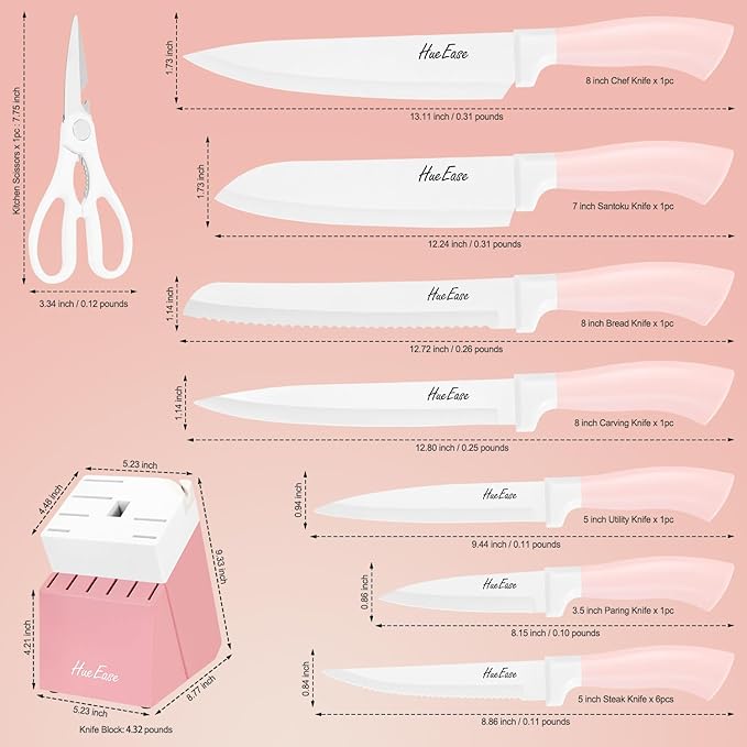14 Pieces Knife Set with Block, Ceramic White Coating, High Carbon Stainless Steel Sharp Blade Block Knife Set, Dishwasher Safe Cutlery, Colliding Pink