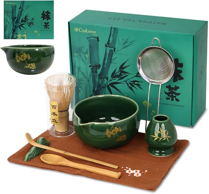 Matcha Whisk Set, Ceramic Bowl with Spout, Matcha Whisk & Holder, Bamboo Scoop & Spoon, Scoop Rest, Sifter, Towel, 8 Pcs Complete Kit for Tea Ceremony, Gift for Friend/Family(Green)