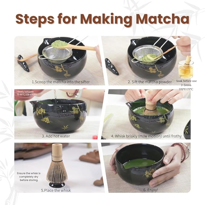 Matcha Whisk Set, Ceramic Bowl with Spout, Matcha Whisk & Holder, Bamboo Scoop & Spoon, Scoop Rest, Sifter, Towel, 8 Pcs Complete Kit for Tea Ceremony, Gift for Friend/Family(Black)