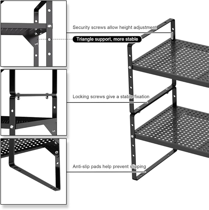 Expandable Cabinet Storage Shelf Organizer Rack, Heavy Duty Steel Metal Spice Rack Adjustable Height Home Office Pantry Shelf Space Riser for Counter Kitchen Organization -Black