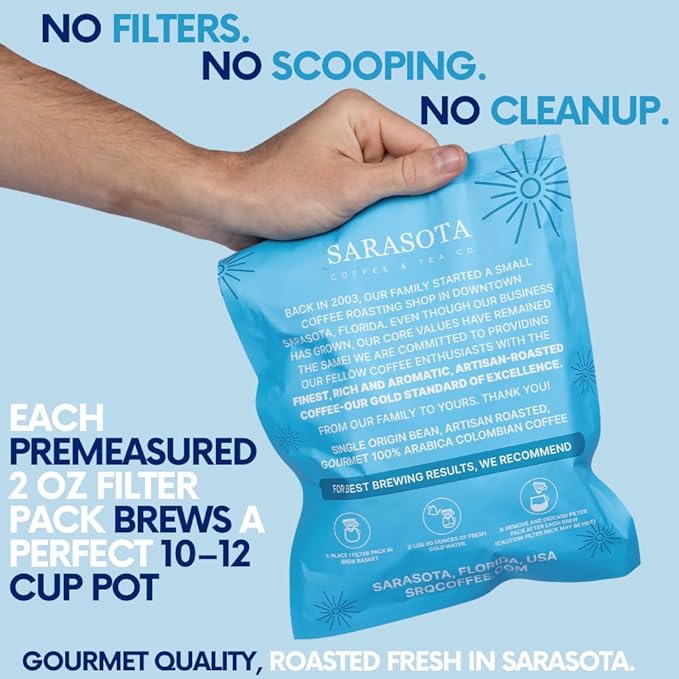 100% Colombian Dark Roast Ground Coffee in Filter Packs | Low Acid Mold Free Premeasured Pouches | Sampler Packets | Gourmet Powder Bags for 10–12 Cup Drip Maker | Highest Rated Individual Coffee