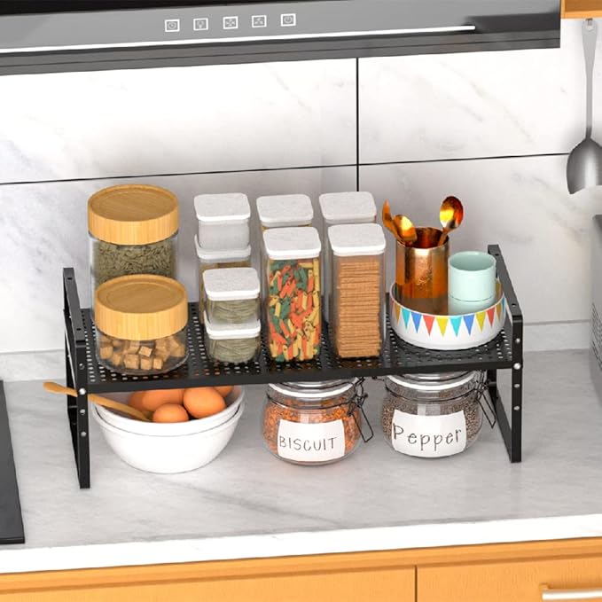 Expandable Kitchen Cabinet Shelf Organizers, Stackable Metal Pantry Storage Shelves Rack, Adjustable Counter Spice Shelf for Cabinets, Countertop, Cupboard, 2 Pack, Black