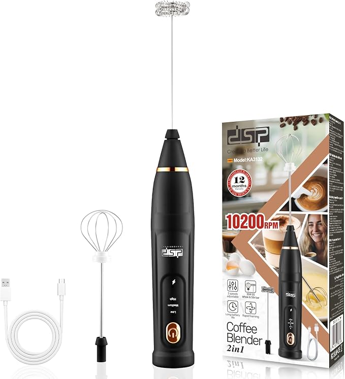 DSP Milk Frother Handheld Rechargeable, Frother for Coffee, Drink Mixer with 3 Speeds 10200RPM, Kitchen Powerful Frother Wand, Suitable for Stirring Eggs, Milk, Juice, Milk Powder (Jet Black)