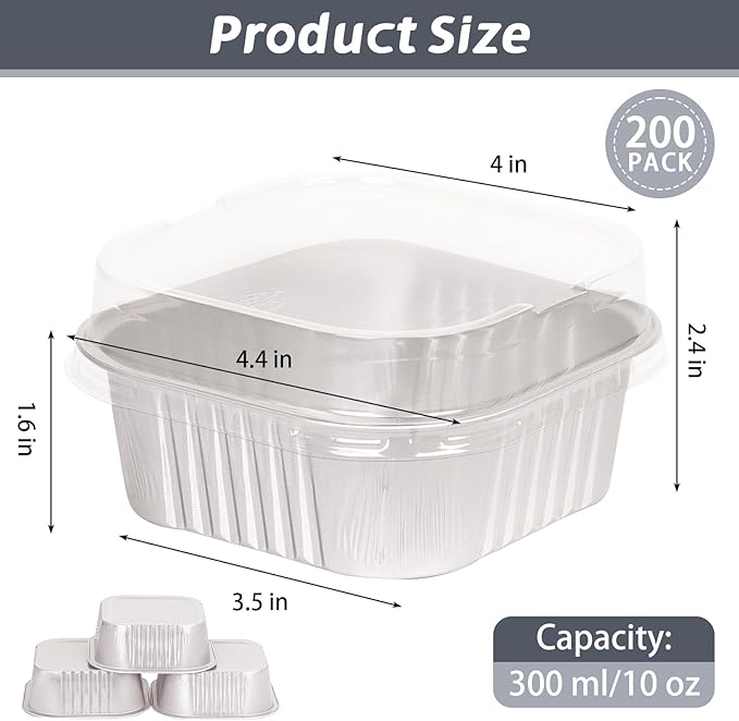 200 Pack 10 oz Silver Mini Aluminum Cake Pans with Lids and Spoons, Disposable Square Baking Cups, Oven Safe Foil Ramekins for Individual Desserts, Cupcakes, Cheesecakes Ramekins Muffin