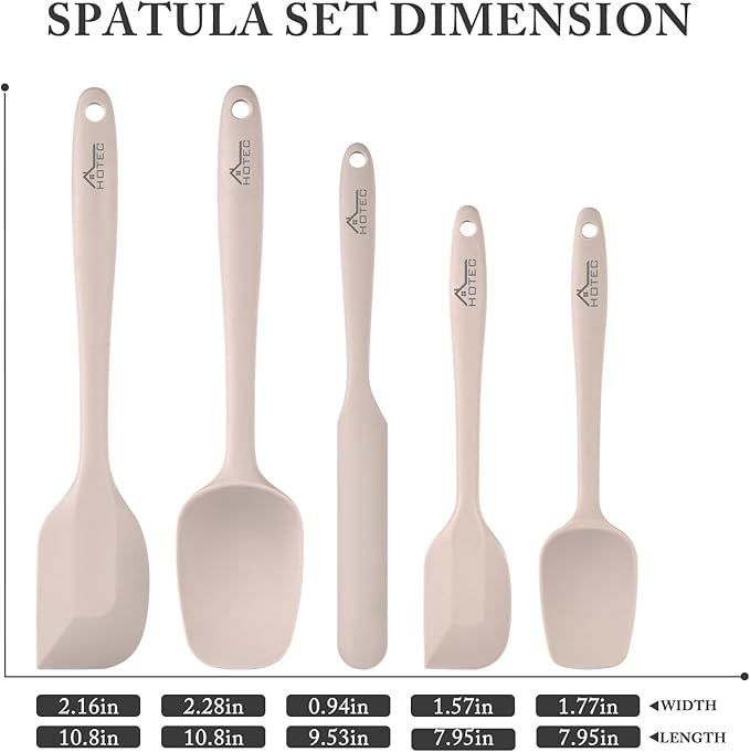 HOTEC 600℉ Heat Resistant BPA-Free Silicone Rubber Spatula Set,Kitchen Cooking Spatulas, Baking, Mixing for Non Stick Cookware, Dishwasher Safe, Set of 5, Khaki