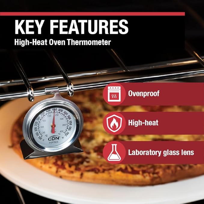 CDN High Heat Oven Thermometer | ProAccurate® | NSF Certified | 100-750°F Range | For Broiling, Roasting, High-Temp Cooking | Lab Glass Lens | POT750X
