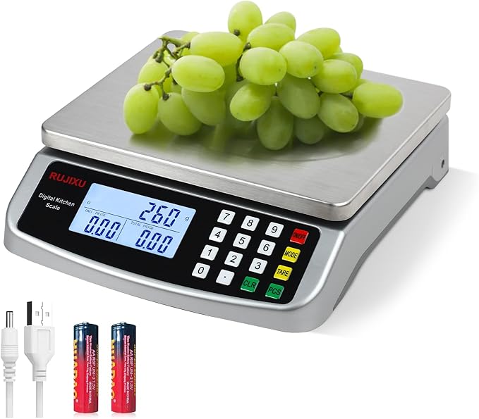 Food Scale 88lb/40kg Large Digital Kitchen Scale 0.05oz/1g with Price Computing Commercial Scale 304 Stainless Steel gram Scale for Baking Cooking Meat Restaurant ，USB or AA Battery(Included)