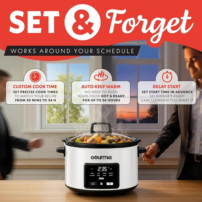 Gourmiia 4.5 Qt Programmable Slow Cooker with 5 Presets, Slow Cook, Digital Timer, Keep Warm Function, Nonstick Interior, Dishwasher Safe (White)