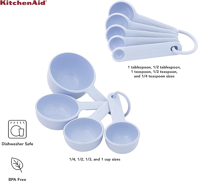 KitchenAid Universal Easy To Read Measuring Cup and Spoon Set with Soft Grip Handle for Maximum Control, Hang Hole and Nesting For Easy Storage, Dishwasher Safe, 9 Piece, Lavender Cream
