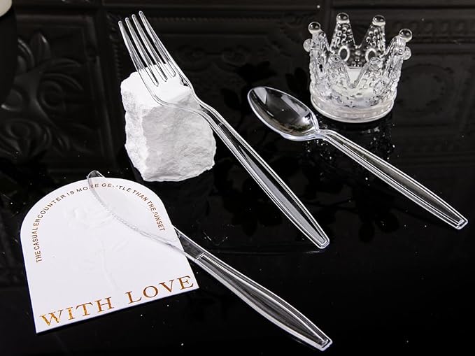 Liacere 360PCS Heavy Duty Clear Plastic Silverware, 150 Forks, 150 Spoons, 60 Knives, BPA-Free, Heat Resistant, Disposable Plastic Utensils Set, Plastic Cutlery Set, Plasticware Bulk for Party