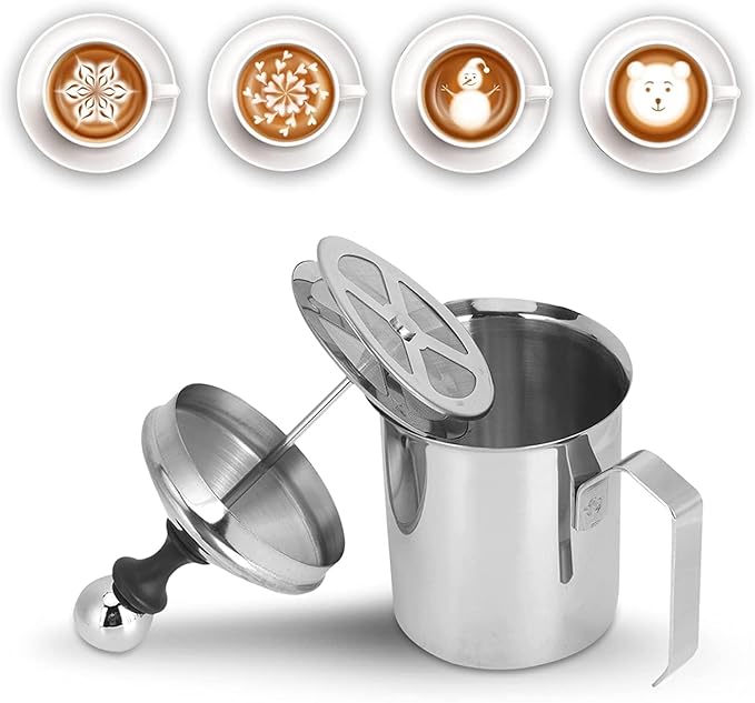 Manual Milk Frother, 400ml/14oz Stainless Steel Creamer Frother Milk Steamer Latte Cappuccino Coffee Foamer FrotherHandled Metal Creamer Foamer Pitcher With Handle Lid