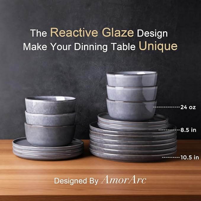 AmorArc Stoneware Dinnerware Sets,Round Reactive Ceramic Plates and Bowls Sets,Highly Scrath Resistant | Dishwasher & Microwave Safe Dishes,Service for 6 (18pc)