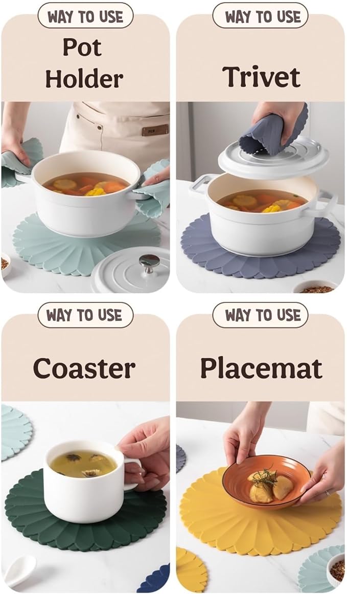 Heat-Resistant Silicone Trivet Mats, Non-Slip Hot Plate Holder for Kitchen Countertops & Dining Table, Reusable Pot Holder Pad with Secure Grip, Dishwasher Safe (Green, Diameter: 18cm/7.09")