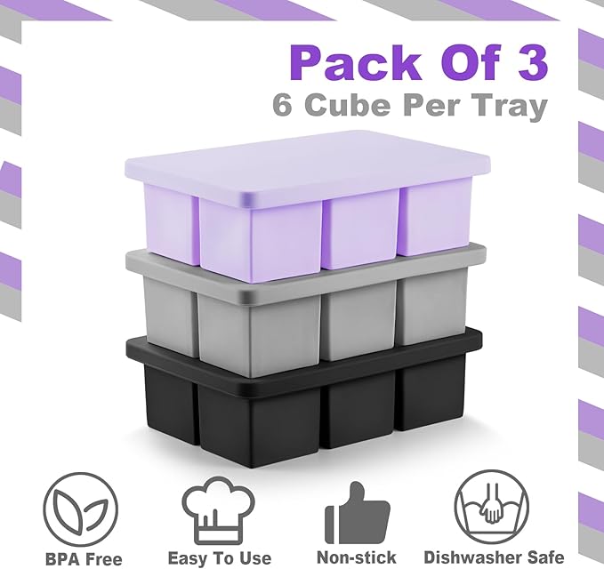 Nax Caki 3 Pack Silicone Large Ice Cube Tray with Lid, Stackable Big Silicone Square Ice Cube Mold for Whiskey Cocktails Bourbon Soups Frozen Treats, BPA Free-3 Color