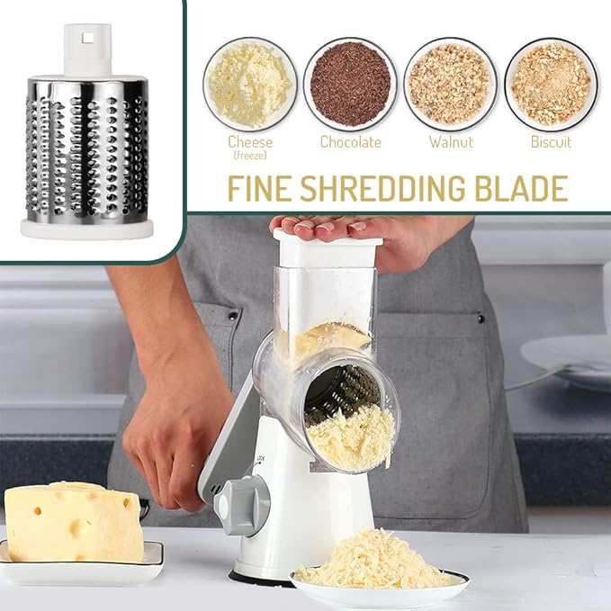 Rotary Cheese Grater with Handle Vegetable Shredder Round Kitchen Slicer Mandoline Grater for Vegetable, Nuts, Chocolate, Chesse, White, 3 Stainless Steel Blades