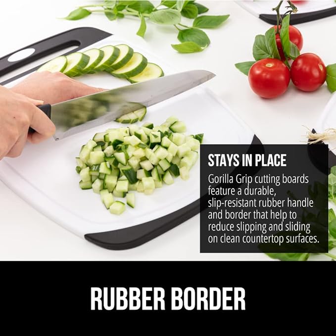 GORILLA GRIP BPA-Free Reversible Kitchen Cutting Board Set of 3, US Designed, Nonporous, Juice Grooves Catch Liquid, Slip Resistant Border, Dishwasher Safe Large Food Chopping Boards, Black Aqua Gray