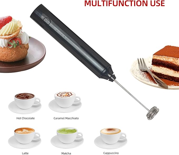 Milk Frother-Handheld Electric Whisk for Coffee, Latte, and Hot Chocolate (Plastic body-Built in 1200mAh lithium battery, USB rechargeable) Drink Mixer Handheld, Lightweight & Portable (Black)