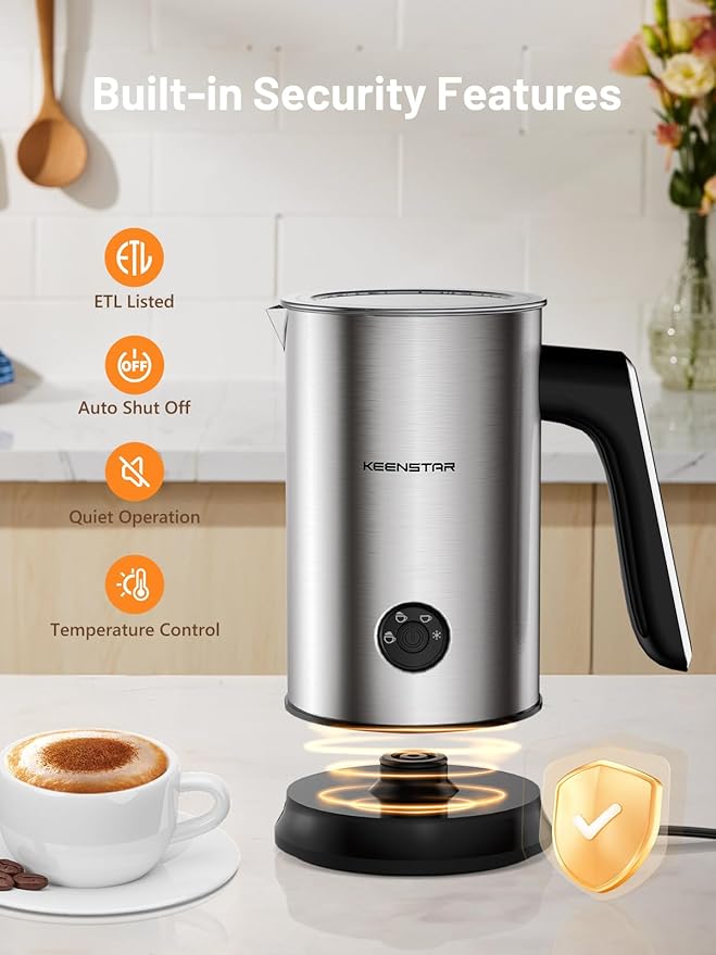 Keenstar Electric Milk Frother, Automatic Milk Steamer Warm or Cold Foam Maker for Coffee, Cappuccino, Latte, Stainless Steel Milk Warmer with Temperature Controls