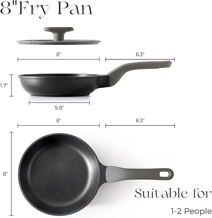 PRICUSIS Nonstick Ceramic Frying Pan with Lid, 8/10 Inch Skillet with Stay Cool Handle, Fully Coated, Induction Compatible & Oven Safe, 100% Dishwasher Safe, PTFE & PFOA Free（8 Inch, Black Sesame）