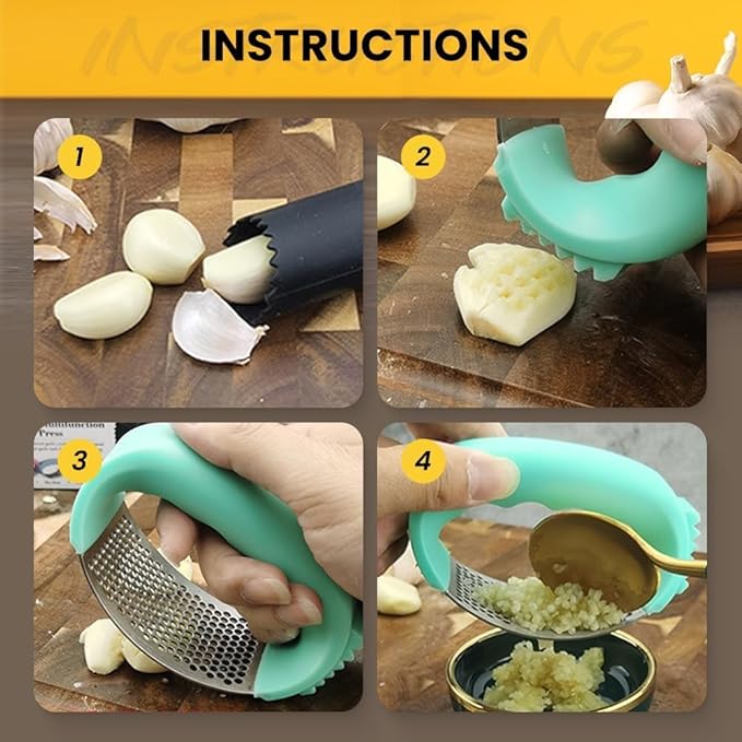 Garlic Press Rocker Stainless Steel, Garlic Crusher with Peeler & Cleaning Brush, Easy to Use Garlic Mincer for Kitchen Cooking, Ergonomic Garlic Chopper Tool, Durable Garlic Presser Gadget (Green)
