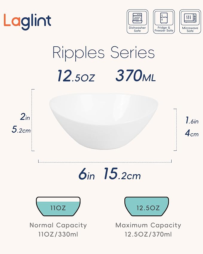 12 OZ Bowl Set of 6, Opal Glass 6 inch Oval Small Ice Cream Bowls for Breakfast Snack Dessert, Side Dishes, Fruit Kitchen, Microwave & Dishwasher Safe, White