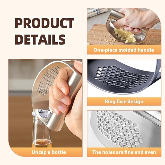 2026 New Garlic Press Rocker, Upgrade Garlic Press Stainless Steel, Portable Manual Stainless Steel Garlic Press Rocker, Innovative Garlic Crusher with Peeler and Scraper (3)