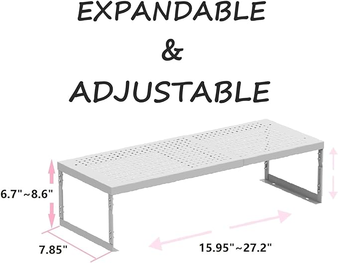 Stackable Expandable Metal Shelf Organizer - Adjustable Wire Storage Rack with Holes for Kitchen, Bathroom, Cabinet, Office - Space Saving, Durable & Sturdy Design（1PACK/Medium/White