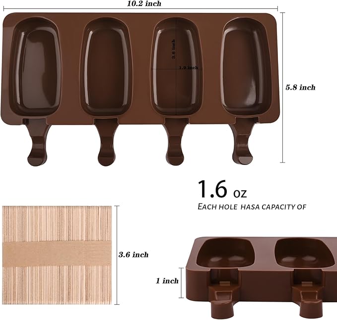 WMKGG Popsicle Silicone Molds Set, 2 PCS Ice Cream Molds with 50 Wooden Sticks for Cake Pop, Ice Pop, Cakesicles (Standard Size/Coffee)