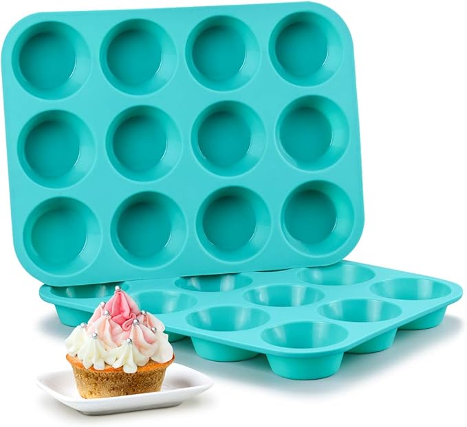 Silicone Muffin Pan Set, Cupcake Pans 12 Cups Silicone Baking Molds, Food Grade, Pinch Test Approved, Pack of 2