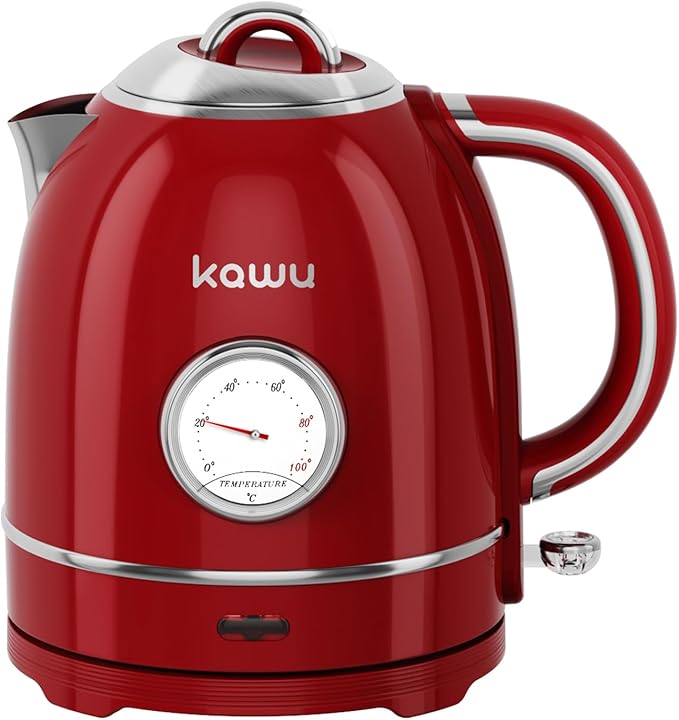Kawu Retro Electric Kettle, 1.3L Hot Tea Water Boiler with Temperature Gauge, 1355W Fast Boiling Tea Kettle with Stainless Steel Inner & Boil-Dry Protection, Auto Shut Off, 60°C Keep Warm, Food Grade