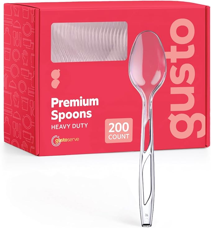 GUSTO [200 Count] Premium Heavyweight Spoons Plastic Disposable, Clear Plastic Spoons Heavy Duty, Perfect for Parties, Events, and Catering (Formerly Comfy Package)