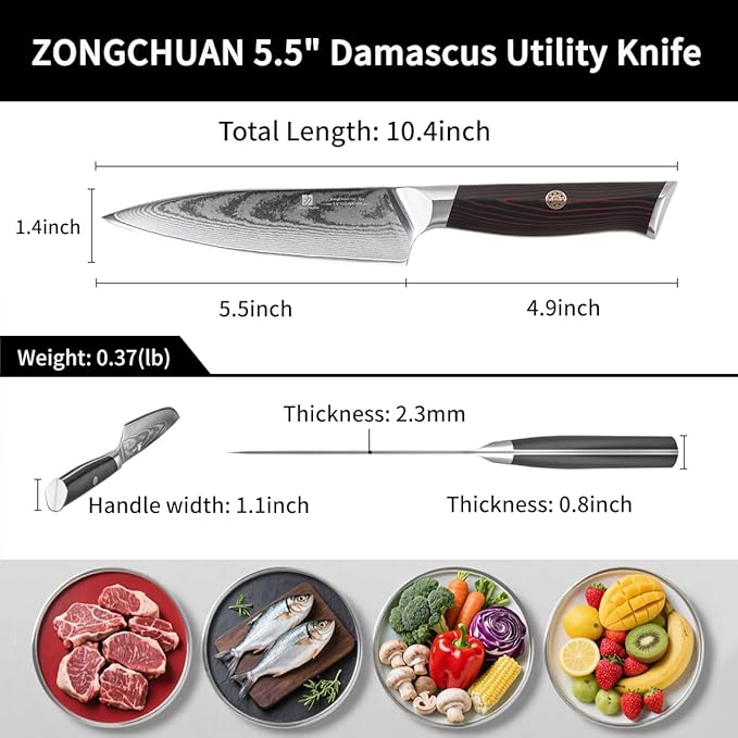 Utility Knife,5.5inch Damascus knife,67-Layer High Carbon Stainless Steel Kitchen Knife,Professiona Sharp Cutting Knives with Ergonomic Red G10 Handle,Gift Box for Home and Kitchen Birthday Gift