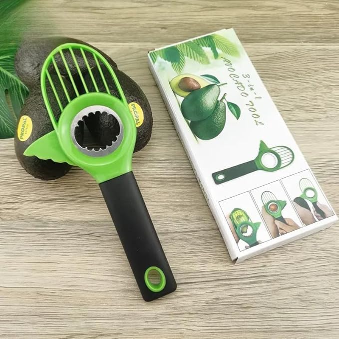 Avocado Slicer 3-in-1 Tool – Stainless Steel Cutter, Pitter, Corer with Non-Slip Grip Handle – Multifunctional Avocado Seed Remover Cutter for Fruit & Kitchen Use (Green Black)