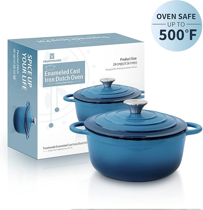 Trustmade 4.5 QT Cast Iron Dutch Oven, Enamel Coated Cookware Pot with Self Basting Lid for Home Baking, Braiser, Cooking, Blue