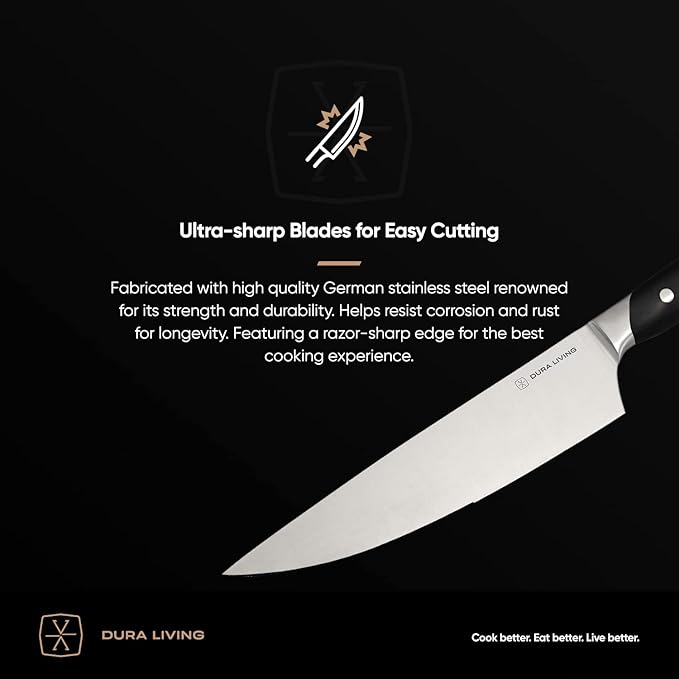 DURA LIVING 8-Inch Chef Knife – Ultra-Sharp German High Carbon Stainless Steel, Full Tang, Ergonomic Handle, Multipurpose Kitchen Knife for Chopping, Slicing, and Dicing, Black