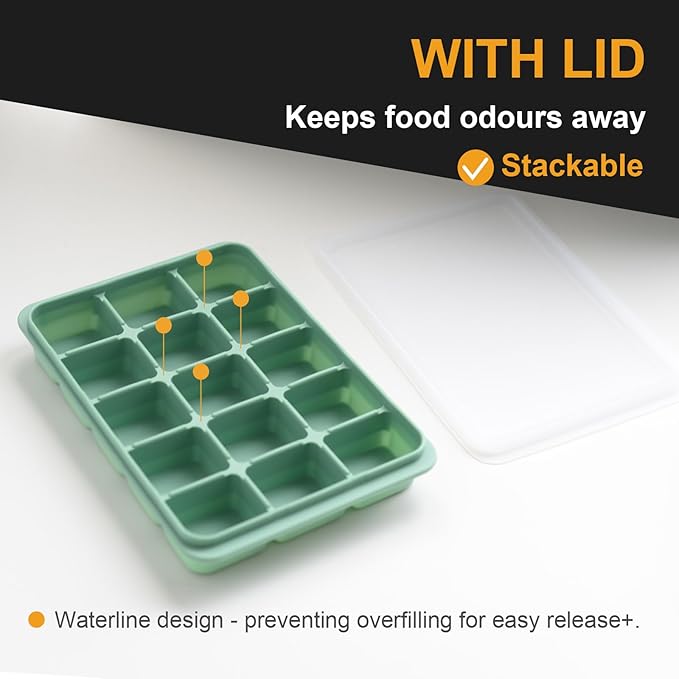 Ice Cube Trays Set of 3, Easy Release 15 Flexible Silicone Ice Cube Molds with Removable Lid Reusable Freezer Ice Trays Stackable for Whiskey, Baby Food, Green