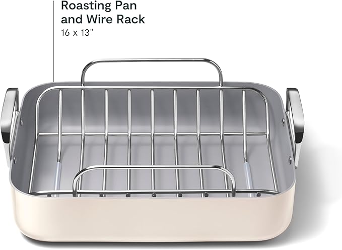 Caraway Roasting Pan - 16x13” Roasting Pan with Rack - Non-Stick Ceramic Coated - Non Toxic, PTFE & PFOA Free - Oven Safe & Compatible with All Stovetops - Cream