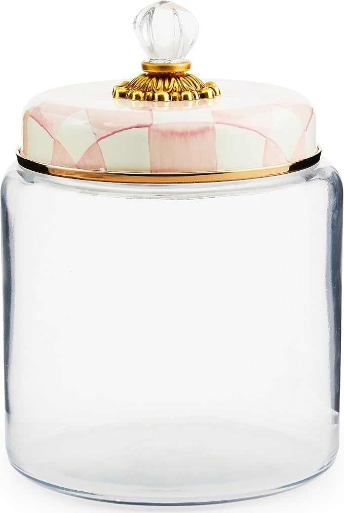 MACKENZIE-CHILDS Rosy Check Kitchen Canister, Decorative Pink-and-White Glass Storage Jar with Lid, Large
