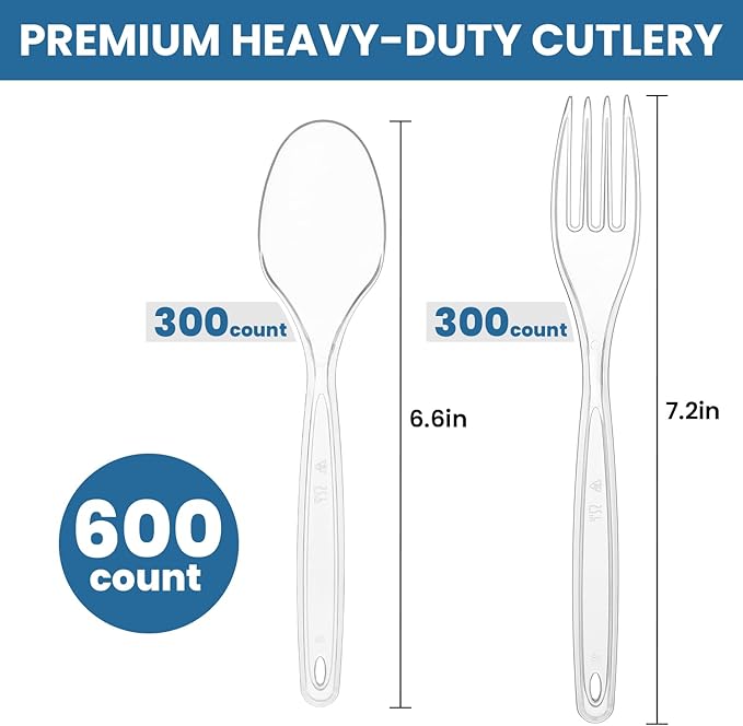 [600 Count] Clear Plastic Utensils 600 clear plastic forks and spoons Disposable 300 Forks and 300 Spoons Silverware Bulk Forks and Spoons Bulk Heat Resistant Heavy Duty Silverware