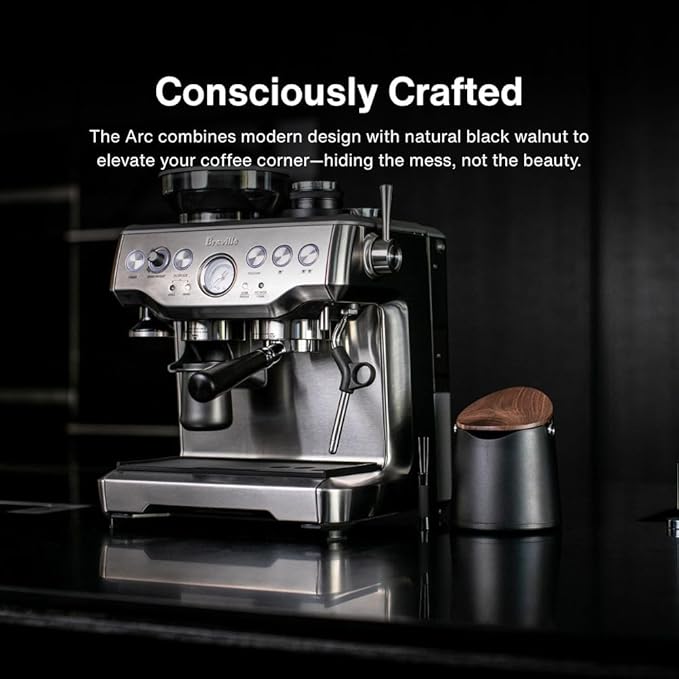 CREMA Coffee Products Arc Knock Box | Holds 12–16 Espresso Pucks| Durable,Stain-ResistantBuild withNon-Slip Base|Elegant WalnutPlastic Lid Design| EasyClean-Up &Moisture Control|Black Finish