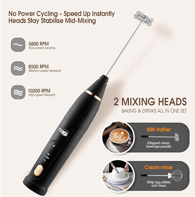 DSP Milk Frother Handheld Rechargeable, Frother for Coffee, Drink Mixer with 3 Speeds 10200RPM, Kitchen Powerful Frother Wand, Suitable for Stirring Eggs, Milk, Juice, Milk Powder (Jet Black)