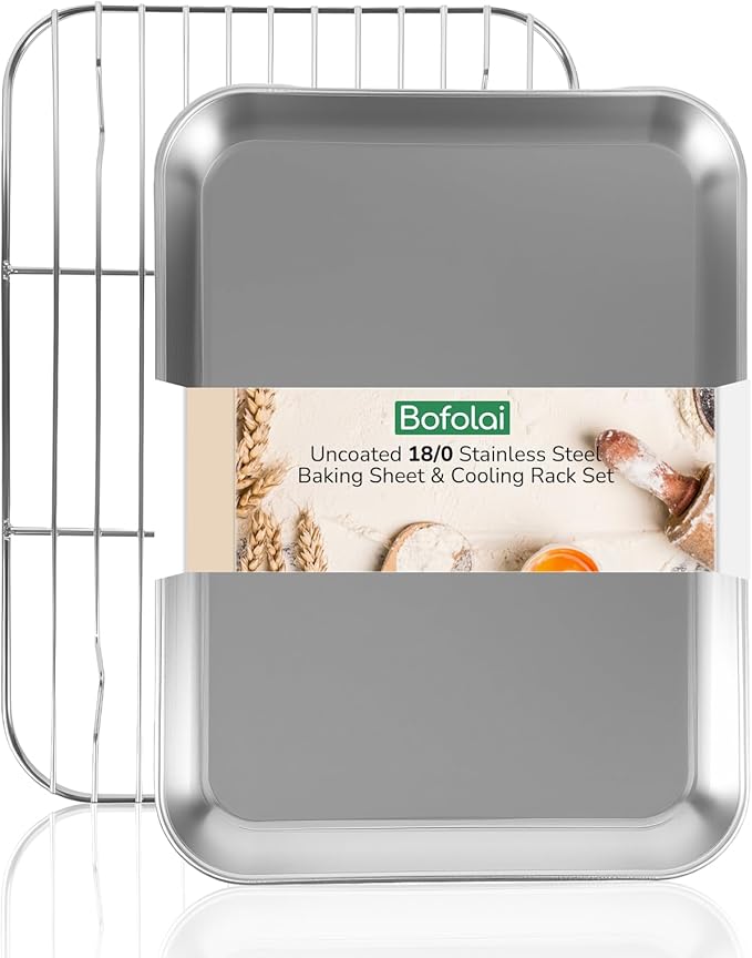 18/0 Stainless Steel Baking Sheet with Cooling Rack, 15.9 Inch Oven-Safe Non-Toxic Cookie Sheets for Baking, Coating Free & Rust Resistant for Healthy Family Baking, Easy to Clean, Heavy Duty