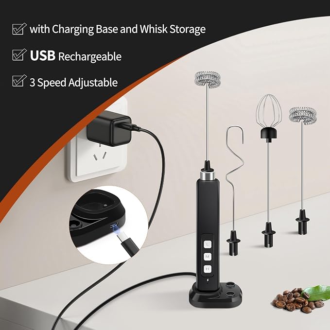 Rechargeable Milk Frother Handheld with 3 Detachable Stainless Whisks, 3 Speed Adjustable Drink Mixer, Mini Frother Wand for Coffee, Matcha, Protein Shakes, with Charging Base and Whisk Storage